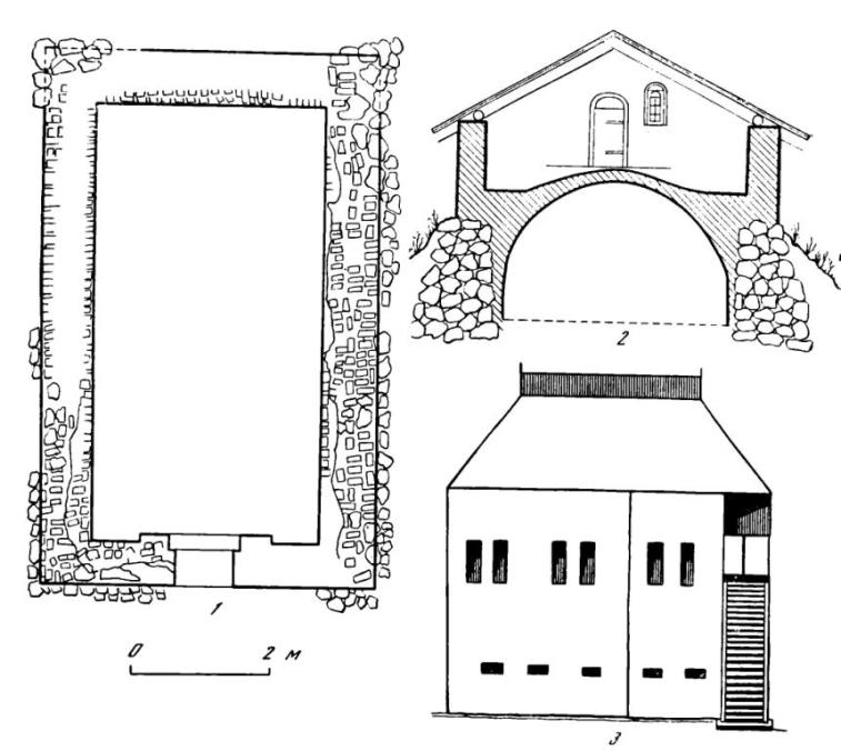 Рис. 2. Каменные палатки в Каргопольском городе (1630 г.) и Олонце. 1 — план; 2 — поперечный разрез (реконструкция); 3 — изображение каменной палатки на плане Олонца.