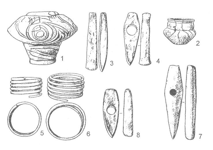 Рис. 21. Карбунский клад [Авдусин Д. А., 1989]. 1-2 - сосуды, в которых находились вещи; 3-4 - медные топоры; 5-6 - медные браслеты; 7 - топор из мрамора; 8 - топор из сланца.
