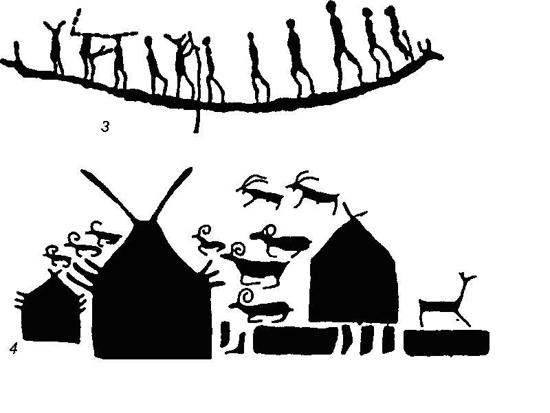Рис. 71. Наскальные изображения среднего Енисея 1 - Ашпа; 2 - Пора-Тигей; 3 - Шалаболино; 4 — Большая Боярская писаница