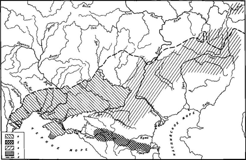 Карта 2. Ареалы скифских и сарматских культур III в. до н. э. — III в. н. э. а — скифы; б — сарматы; в — граница степи и лесостепи