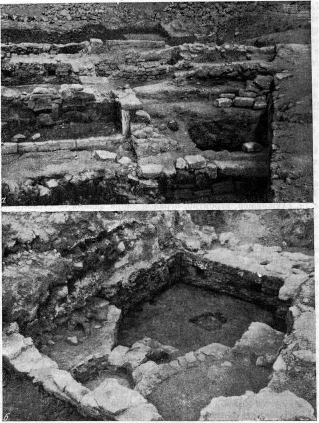 Рис. 27. Общий вид раскопа (а) и центральная подпольная топочная часть бани А (б)