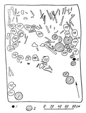 Рис. 1. Кара-депе. Раскопки 1962 погребальной камеры. 1 —каменные сосуды; 2 — керамические сосуды, № 109, 111—118, 120—122, 124—129, 131—133 — черепа.