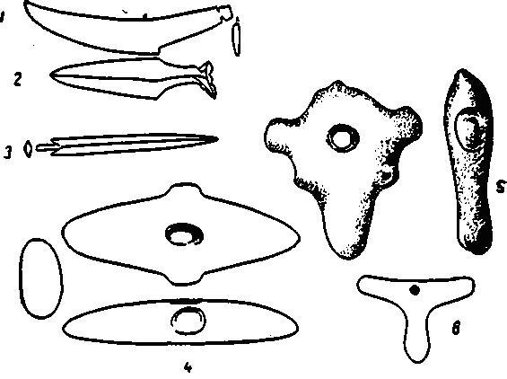 Рис. 100. 1—3 — ножи из сланца и наконечник для дротика (Швеция); 4—5 — каменные навершия для булав (Финляндия); 6 — подвеска из сланца.