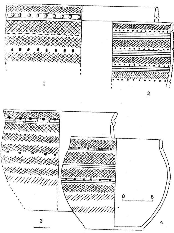 Рис.6. Керамика иткульского типа: Костенкова Избушка (1,3,4); Фирсово ХVII (2)