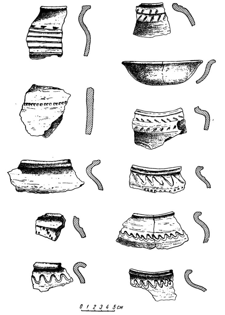 Рис. 38. Образцы глиняной посуды XI — XII вв. из раскопок в г. Костроме