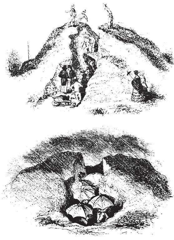 Рис. 2.3. Раскопки могильного кургана в Британии в XIX веке. В журнале «Джентлменз мэгэзин» в 1840 году было дано такое описание раскопок: «Было осмотрено восемь холмов… В большинстве из них находились более или менее сохранившиеся скелеты, остатки железного оружия, кучи щитов, урн, ожерелий, брошей, браслетов, костей, амулетов, изредка сосуды» 