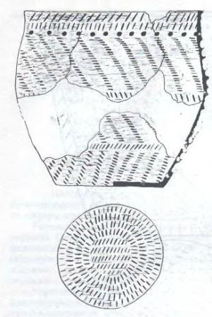 Рис. 2. Орнаментация горшковидного плоскодонного сосуда из керамического комплекса поселения Крохалевка-4.