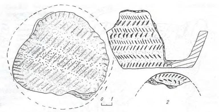 Рис. 6. Элементы насечки на керамике из комплекса Крохалевка-4: 1 — тонкая (на дне сосуда); 2 — елочка.