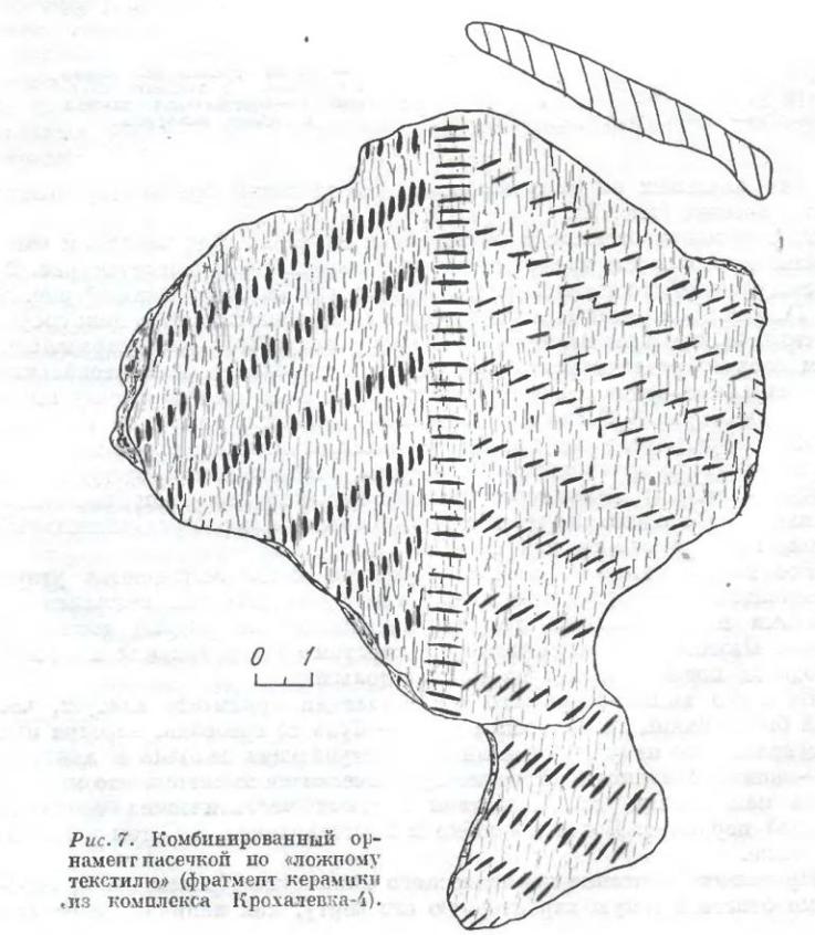 Рис. 7. Комбинированный орнамент насечной по «ложному текстилю» (фрагмент керамики из комплекса Крохалевка-1).