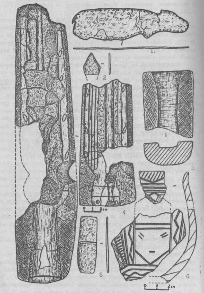 Рис. 2. Бронзовый (1-2,5) и глиняный (3-4,6) инвентарь с поселения Крохалевка.