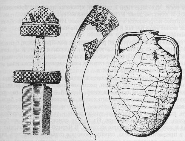 Вещи из дружинных курганов: рукоятка меча; турий рог из Черной Могилы; корчага с древнерусской надписью