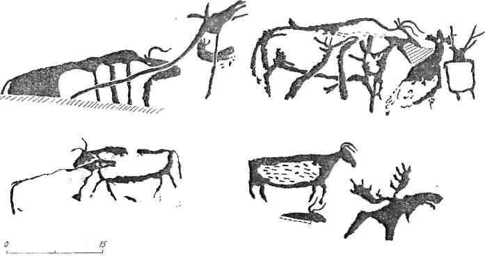 Рис. 103. Сочетание образов лося и быка в петроглифах Енисея