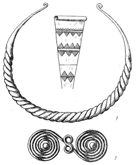 Рис. 64. Гривна (1) и фибула (2) Лужицкой культуры