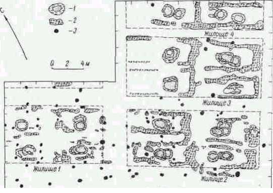 Остатки наземных жилищ на городище Малышки. (Раскопки А. Г. Митрофанова.) 1 — очаги; 2 — глиняная обмазка стен; 3 — ямы от столбов.
