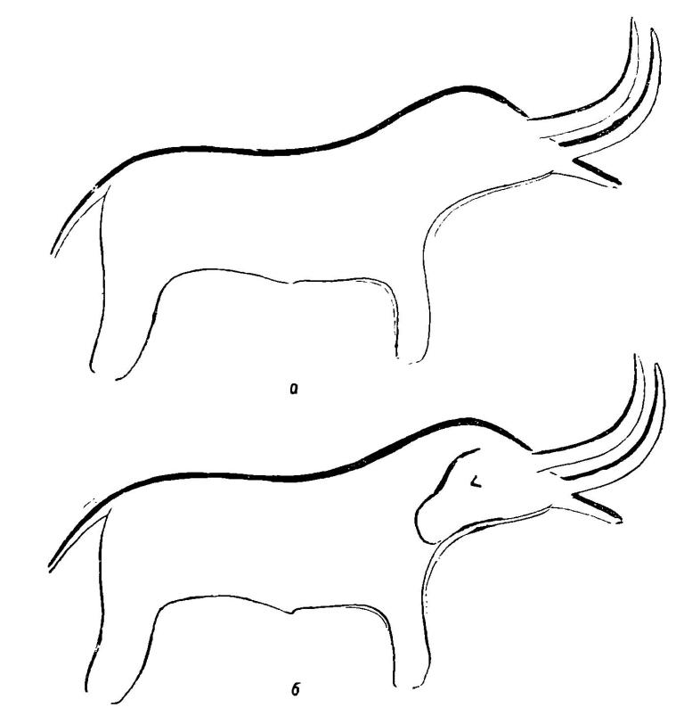 Рис. 7. а — изображение в "мамонтовом гроте"; б — то же изображение с подчеркнутой деталью части головы.
