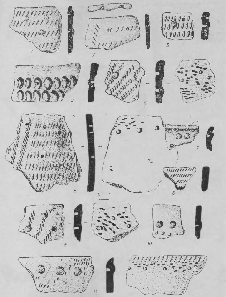 Рис. 6. Фрагменты керамики. 1, 2 — из стоянки Кама-2; 3—11 — из поселения Марково-2.