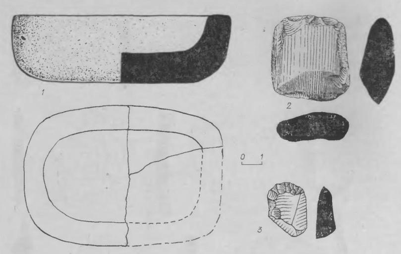 Рис. 9. 1 — тигель и 2 — топор из жилища № 3 поселения Марково-2; 3 — скребок из стоянки Кама-2.