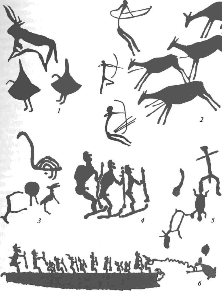 Сюжеты наскальных изображений мезолита и неолита: 1 — фрагмент фрески Зараут-Сая (Узбекистан); 2 — сцена охоты на оленей (Испания); 3, 5 — петроглифы (Онежское озеро); 4, 6 — петроглифы (Белое море) 