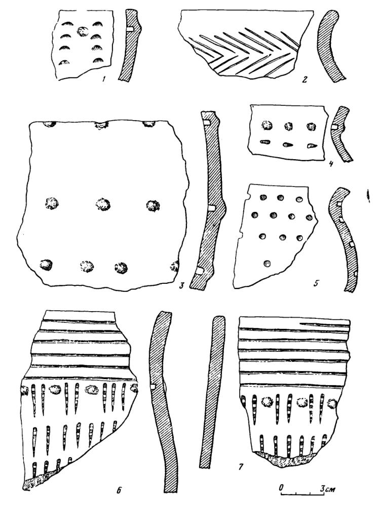 Рис. 2. Керамика поселения Битые Горки (1—7)