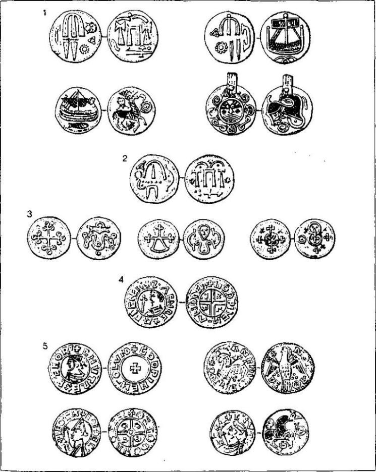 Рис. 51. Датские монеты эпохи викингов (по К. Рандсборгу) 1 — «монеты Хедебю» первой половины IX в.; 2 — «полубрактеат Хедебю» первой половины Хв.; 3 — «крестовый тип», около 975 г.; 4 — монета конунга Свейна Вилобородого (ок. 987—1014); 5 — монеты Кнуда Могучего (1018[1014]— 1035), чеканка в Лунде, Роскильде и, возможно, Хедебю 