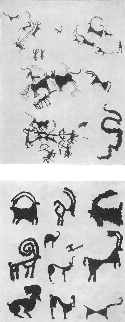 25. Сцены облавной охоты, пахоты и изображения животных на скалах в урочище Саймалы-таш. II—I тыс. до н. э.
