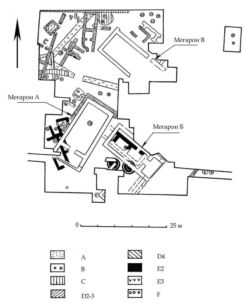 Рис. 10. 1 — План раскопа Д. А-F — горизонты