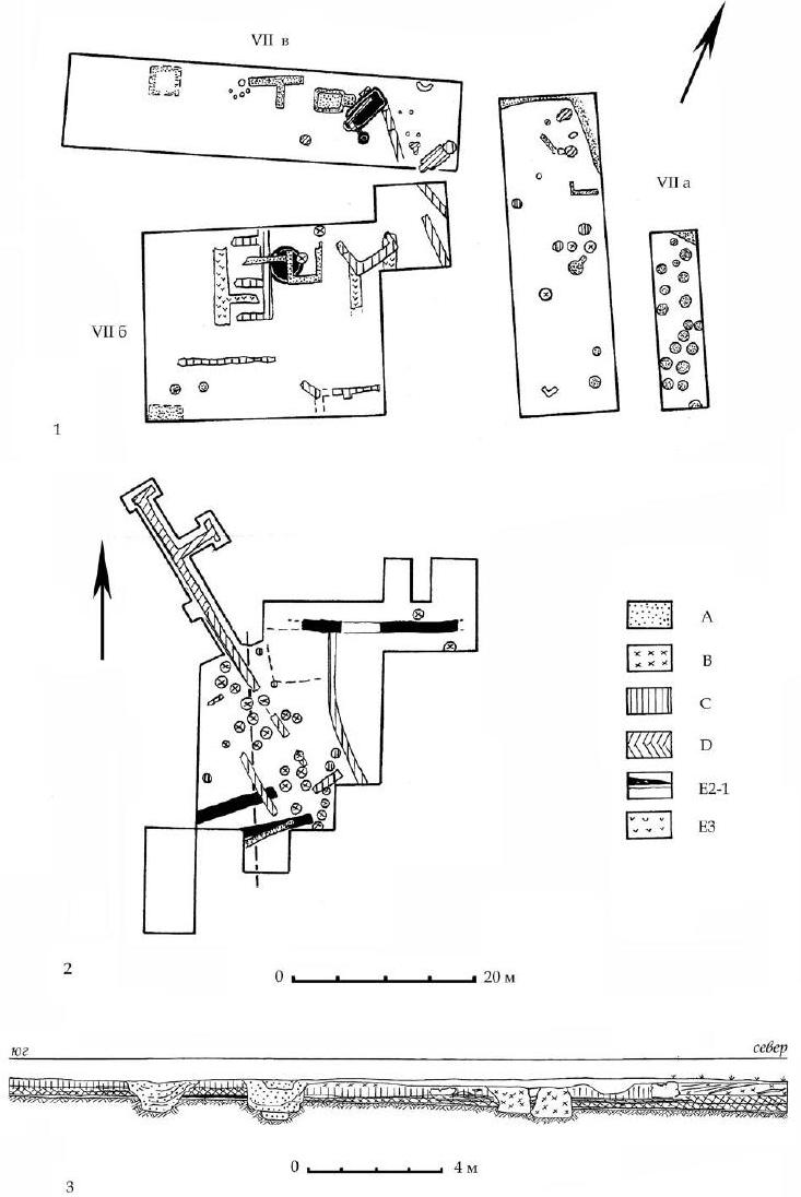 Рис. 11. 1 — план раскопов УНа, VII6, УПв. 2 — план раскопа 1. 3 — стратиграфия раскопа 1. А-Е — горизонты