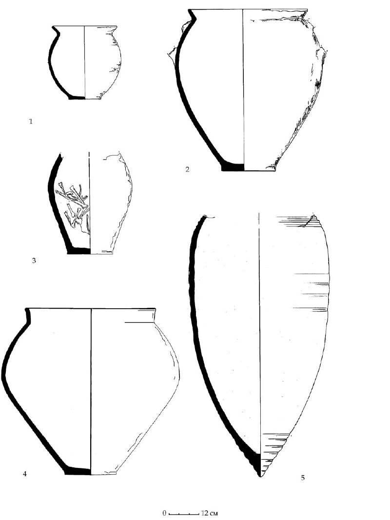 Рис. 128. Лепные сосуды и амфора из раскопа А-Б-В. Горизонт А
