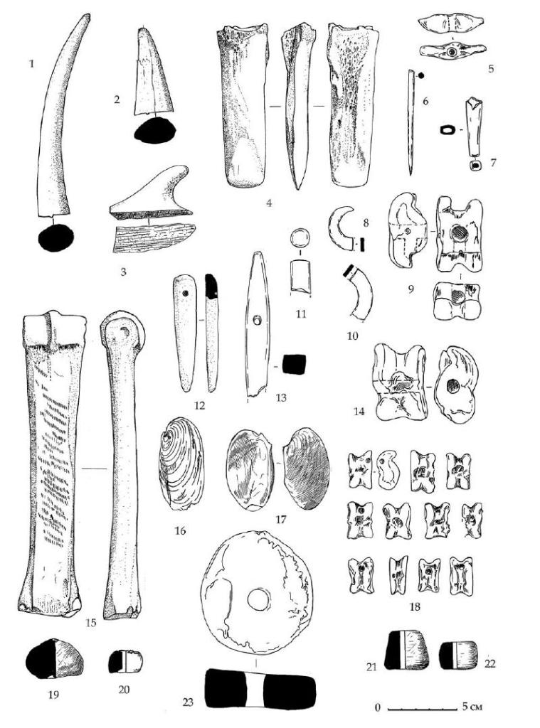 Рис. 69. Изделия из кости, глины и раковин горизонтов E-D из различных раскопов.