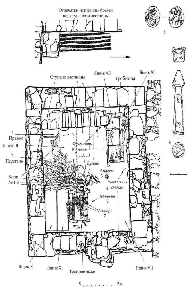 Рис. 70. План нижнего яруса мавзолея и некоторые находки с поверхности пола