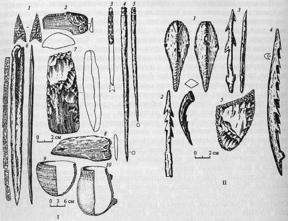Неолит Прибайкалья: I - исаковская культура; 1 - наконечники стрел; 2 - нож из сланца; 3-5 - костяные проколки; 6 - костяной кинжал с вкладышами; 7 - топор; 8 - нож из нефрита; 9, 10 - керамические сосуды; II - серовская культура: 1 - изображение рыбы; 2-4 - костяные гарпуны; 5 - каменный нож.