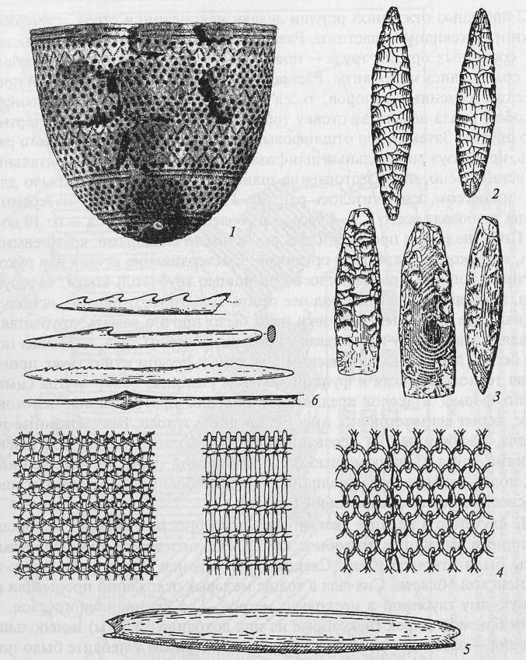 Изобретения эпохи неолита: 1 - остродонный сосуд; 2 - ретушированные наконечники стрел; 3 - каменные топоры и тесла; 4 - типы ткани; 5 - ткацкий челнок; 6 - костяные гарпуны и наконечники стрел