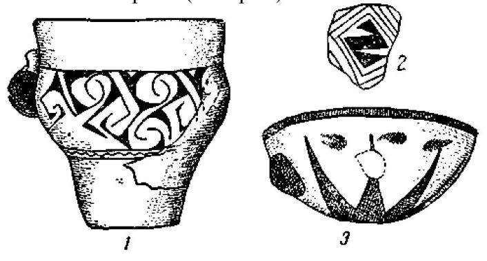 Рис. 110. Неолитическая раскрашенная керамика: 1 — черный орнамент на красновато-коричневом фоне, Мольфетта (1/4); 2 — Матера; 3 — красный и черный орнамент на красновато-коричневом фоне, Мегара Риблеа (1/4).