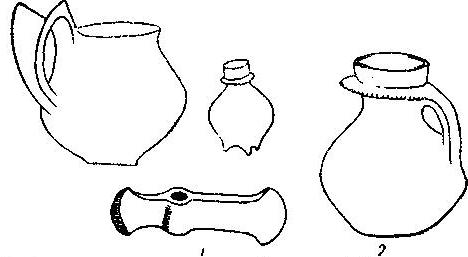 Рис. 90. 1 - инвентарь могилы в Застове (1/7); 2 — фляга с обручиком вокруг горлышка из Наленчова (1/2).