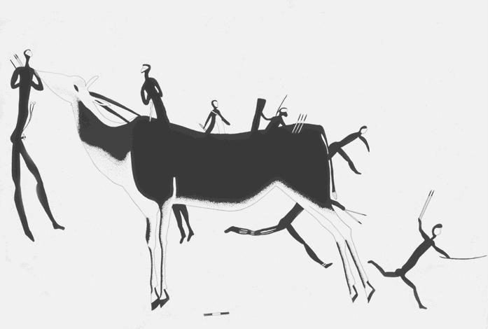  Сцена с антилопой, нарисованной на скале в пещере охотников-собирателей сэн. Возможно, охотники танцуют вокруг животного, изображение которого намеренно нанесено на фигурки людей 