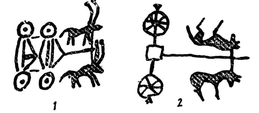 Рис. 37. Изображение повозок и колесниц: 1 - профиль; 2 — план