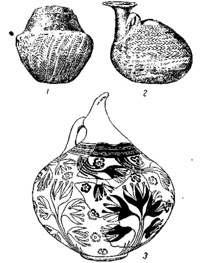 Рис. 28. Кикладская керамика: 1 — Пелос, 2 — Филакони 1,3 — Филакони II.