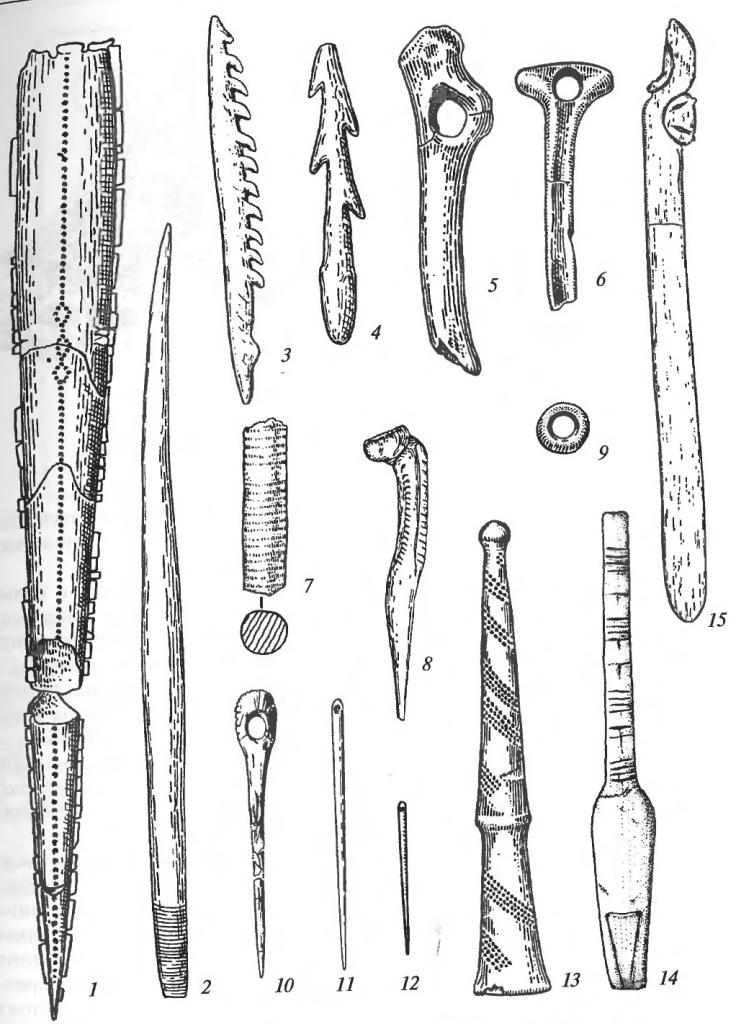 Верхнепалеолитические изделия из кости, рога и бивня: 1 — наконечник копья с кремневыми вкладышами; 2 — наконечник копья из бивня мамонта; 3,4 — гарпуны; 5,6— выпрямители (жезлы); 7 — игольник; 8 — проколка с зооморфным навершием; 9 — бусина; 10-12 — иглы; 13 — костяная поделка с орнаментом; 14, 15 — лощила 