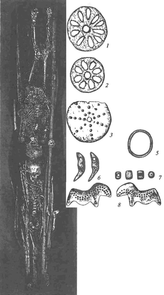 Двойное погребение детей на стоянке Сунгирь и предметы искусства, найденные в погребении и на стоянке: 1,2 — резные диски; 3 — костяной диск с точечным орнаментом; 4 — жезл из бивня; 5 — перстень из бивня; 6 — подвески из клыков песца; 7 — костяные бусины; 8 — лошадка с точечным орнаментом (из культурного слоя) 