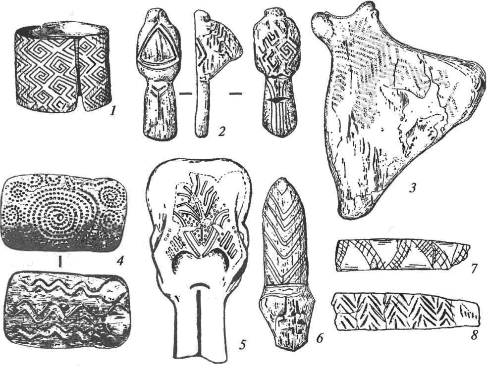 Орнамент верхнего палеолита: 1 — браслет (Мезин); 2, 6 — изображение птицы (Мезин)', 3 — орнаментированная лопатка мамонта (Мезин); 4 — пластина из бивня мамонта, орнаментированная с двух сторон (Мальта); 5 — череп мамонта, орнаментированный красной охрой (Межирини); 7, 8 — фрагменты диадем с орнаментом (Авдево) 