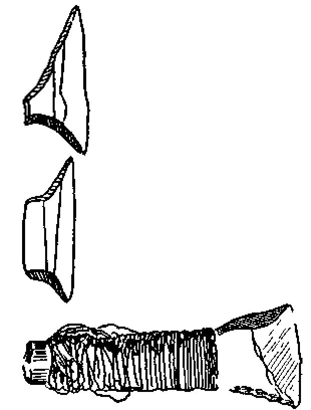 Рис. 4. Микролиты из Муже (Португалия) и прикрепленный к древку наконечник стрелы с поперечно срезанным лезвием (Дания) (2/1).