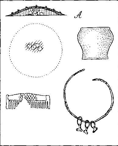 Рис. 31. Погребения типа А. Разрез и план кургана, погребальный инвентарь