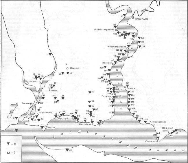 Карта 3. Поселения Нижнего Побужья IV—III вв. до н. э. а — поселения; б — некрополи