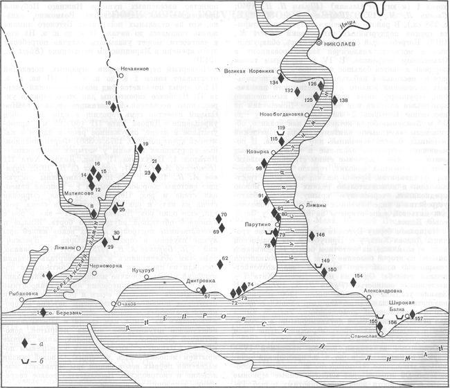 Карта 4. Поселения Нижнего Побужья первых веков нашей эры а — поселения; б — некрополи
