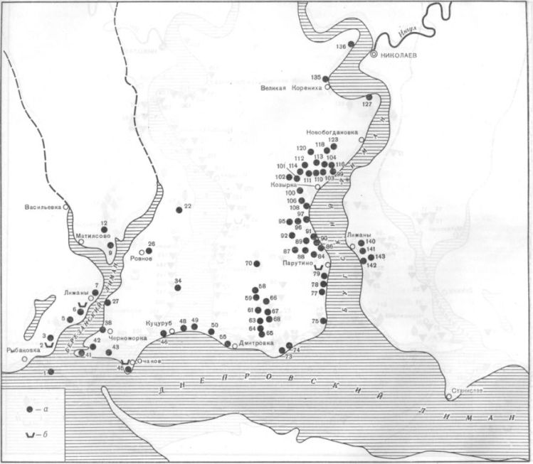  Карта 2. Поселения Нижнего Побужья VI—V вв. до н. э. а — поселения; б — некрополи