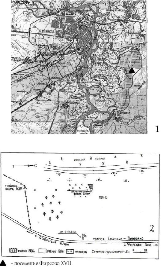 Рис. 1. Карта расположения поселения Фирсово XVII (1) и ситуационный план памятника (2)