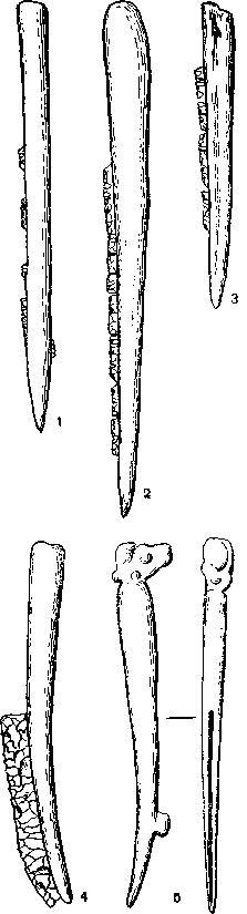 Мезолитические костяные орудия с кремневыми вкладышами 1—Дания; 2—4— Прибайкалье; 5 — Вади эн-Натуф, Палестина