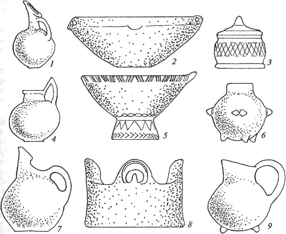 Керамика культуры Трои I: 1, 4, 6, 7, 9 — кувшины; 2 — миска; 3, 8 — крышки; 5 — ваза 