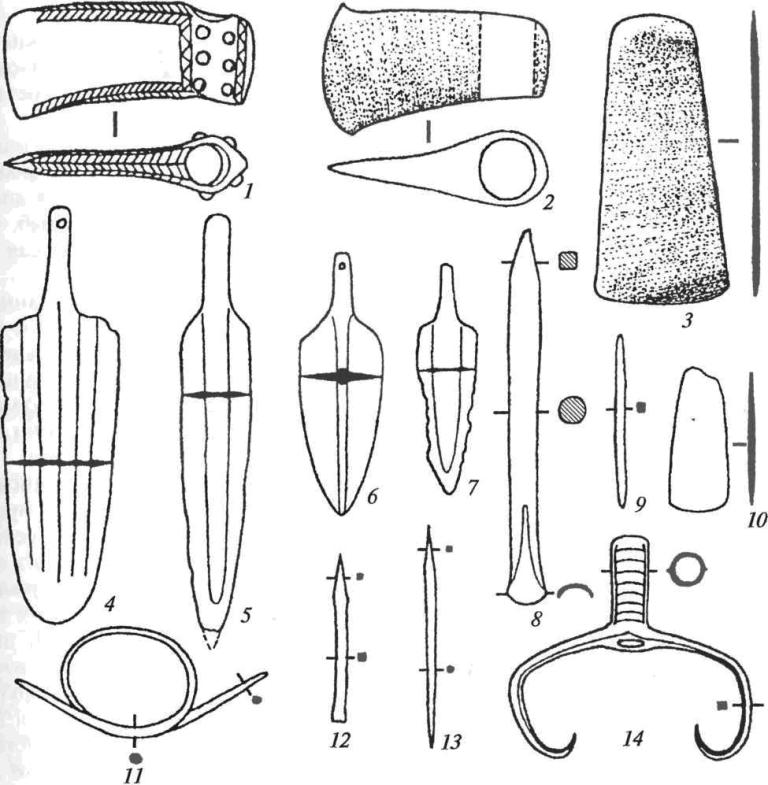 Основные типы бронзовых орудий и оружия майкопского очага металлургии: 1, 2 — втульчатые топоры; 3, 10 — тесла; 4-7 — кинжалы; 8, 12 — долота; 9, 13 — шилья; 11 — псалий; 14 — втульчатая вилка 