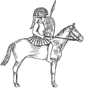 Гальштатская культура. Конный воин с боевым топором-"кельтом" и двумя копьями, в шлеме и со щитом (реконструкция)